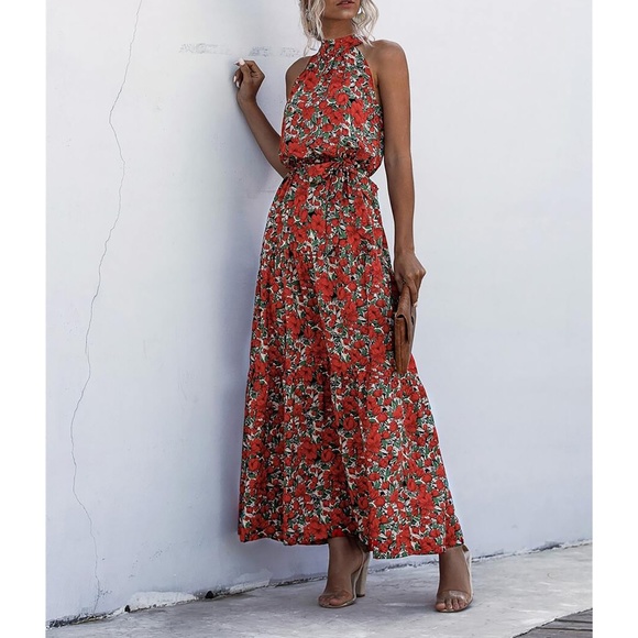 Red Green Floral Ruffle Hem Belted Halter Maxi Dress - Picture 4 of 8